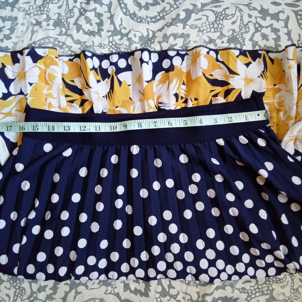 Metro Wear Navy Midi Skirt with White Polka Dots and Yellow Floral Border - Picture 5 of 6